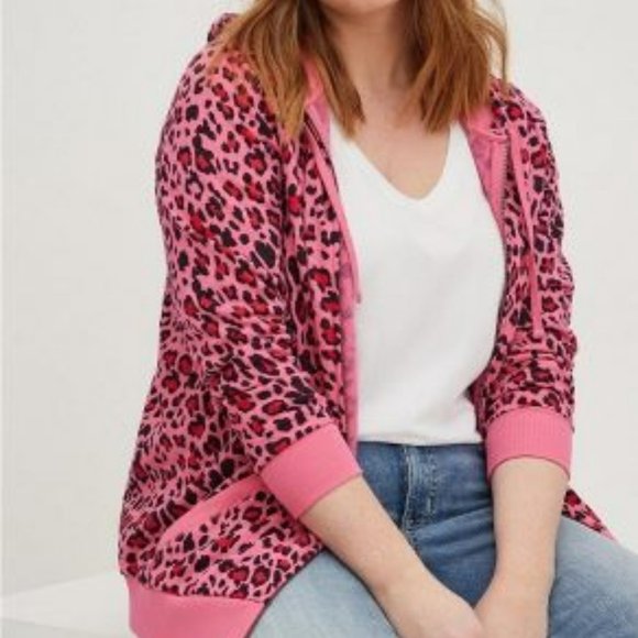 torrid Tops - Torrid Classic Cozy Fleece Zip Up Leopard Hoodie - Pink/Black - 2X